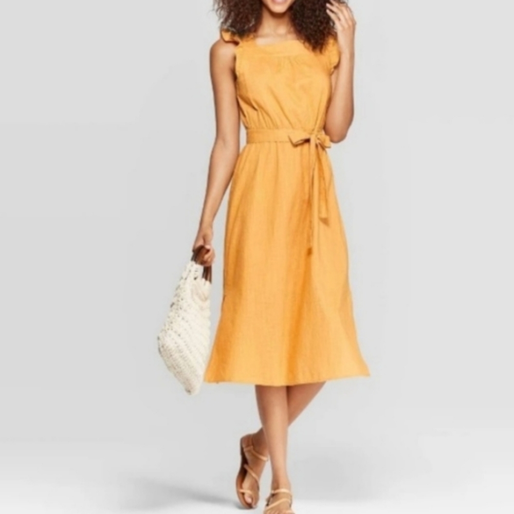 UNIVERSAL THREAD Yellow Cotton Ruffle Shoulder Midi Dress